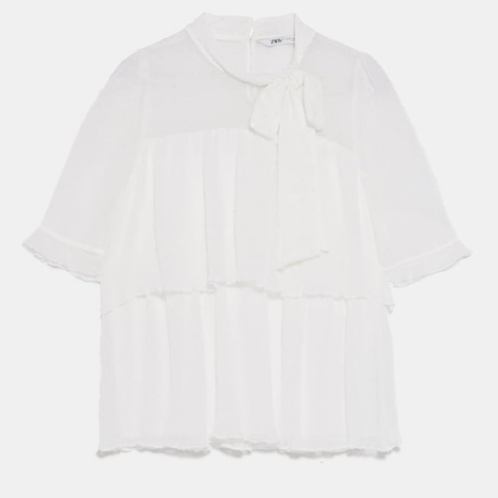 Zara ecru color dotted mesh top with bow - Picture 4 of 6